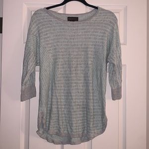 Large 3/4 sleeve gray and mint green striped blouse